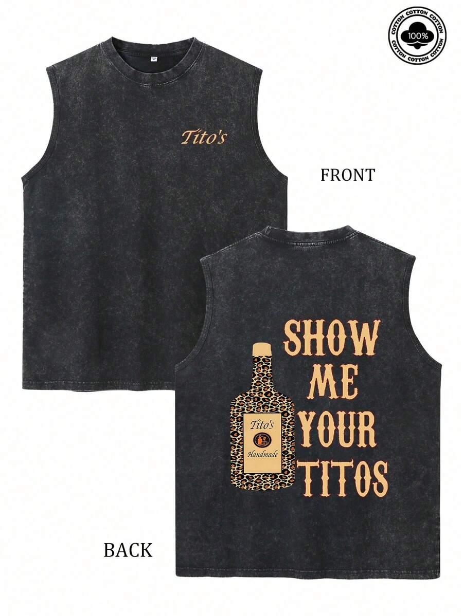 Men's  Handmade Vodka "Show Me Your Titos" Men's Tank Top,Men's Summer Fashion Daily Casual Wear,The Perfect Gift For Wine Culture Enthusiasts - 黑色 - 查看 1