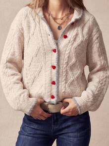 Cardigan Rajut Kancing Bentuk Hati, Sweater Rajut Kabel Klasik untuk Hadiah Natal & Musim Dingin - Aprikot - View 4