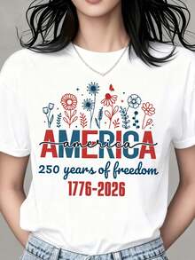 Vintage America 250 Jahre Freiheit 1776-2026 Unabhängigkeitstag T-Shirt Patriotisches Blumendesign Für Damen Herren Unisex Feiergeschenk Outfit für den 4. Juli Sommer Tops - Weiss - Übersicht 1