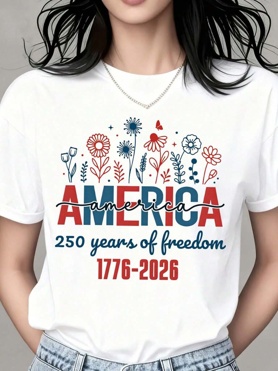 Vintage America 250 Jahre Freiheit 1776-2026 Unabhängigkeitstag T-Shirt Patriotisches Blumendesign Für Damen Herren Unisex Feiergeschenk Outfit für den 4. Juli Sommer Tops - Weiss - Übersicht 1
