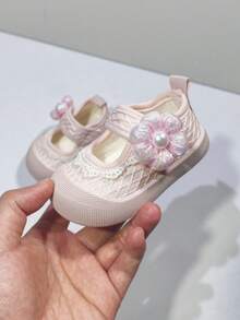 1 Par de Sapatos Mary Jane para Meninas Pequenas com Renda, Flor de Pérola 3D, Sapatos Planos de Malha com Fechamento de Gancho e Laço, Uso Diário em Todas as Estações (Tamanho por Palmilha em cm) - Rosa Bebê - Visão 14