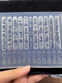 1個中式佛頭、祈禱珠、財神、蓮花與牡丹、法器3D浮雕美甲大尺寸矽膠美甲模具 - 無色 - 查看 2