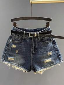 Summer Vintage High Waisted Distressed Denim Shorts Women Retro Y2K Spicy Girl Slimming A-Line Raw Hem Hot Pants Casual Beach Party Streetwear - 深藍色 - 查看 1