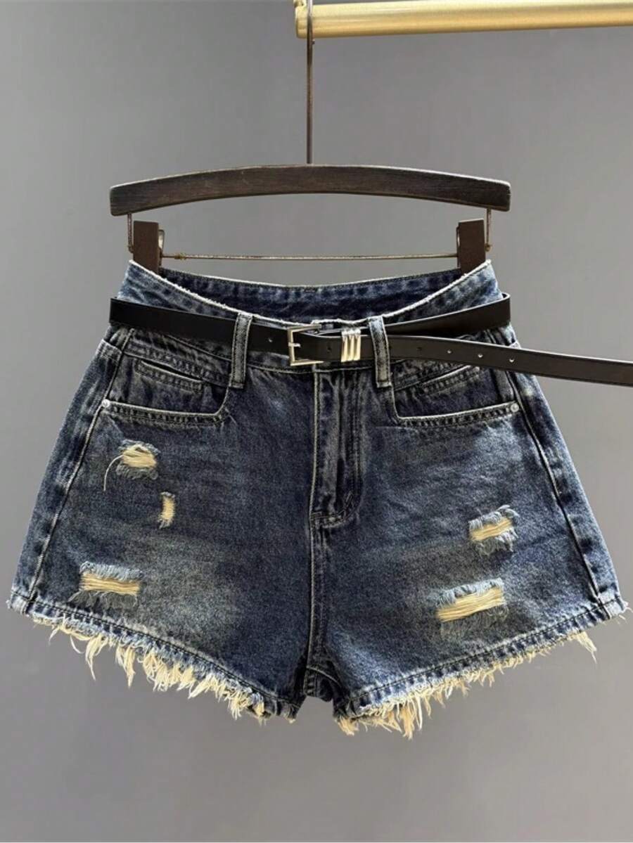 Summer Vintage High Waisted Distressed Denim Shorts Women Retro Y2K Spicy Girl Slimming A-Line Raw Hem Hot Pants Casual Beach Party Streetwear - 深藍色 - 查看 1