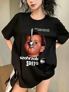 女款圓領短袖T恤，夏季新款人像圖案與字母印花，時尚休閒百搭寬鬆上衣黑色 - 黑色 - 查看 8