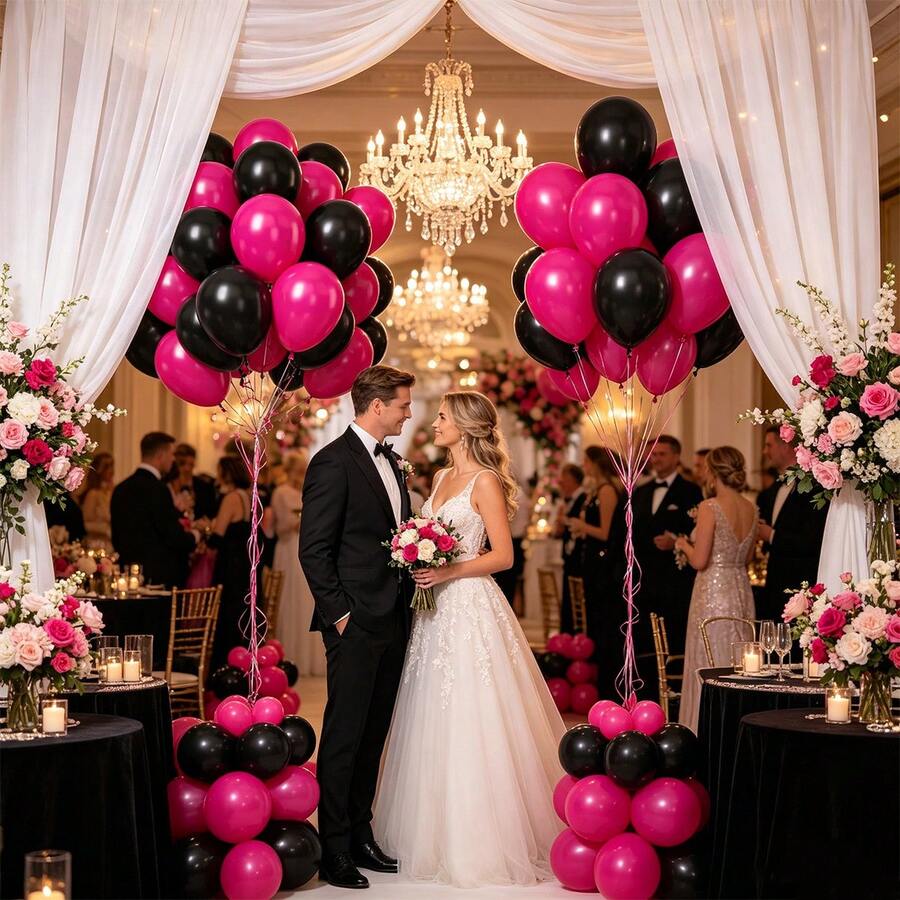 Black And Red Party Balloon Set, Includes 50pcs 10-Inch New Magenta And Matte Black Latex Balloons, Randomly Matched Ribbons For Customizable Combinations, Perfect For Birthday, Theme Party, Shower, Wedding, Valentine's Day, Proposal Engagement, Anniversary, Prom, Gender Reveal Decoration And Other Important Holiday Indoor/Outdoor Photography Props And Decor