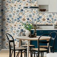 1 Rolo de Papel de Parede Autoadesivo Estilo Retrô Francês - Padrão de Plantas e Flores Azul e Marrom, Papel de Contato à Prova d'Água e à Prova de Umidade, Descolável e Removível, Adesivos Destacáveis, Para Decoração Doméstica, Adequado para Quarto, 44*300/500/1000cm - A - Visão 2