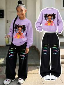 2pcs/Set Hip Hop Street Style Girl Outfit, Portrait Print Cropped Sweatshirt And Colorful Striped Wide Leg Pants, Soft Casual Wear - Mauve Purple - View 1