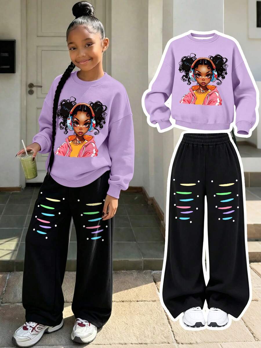 2pcs/Set Hip Hop Street Style Girl Outfit, Portrait Print Cropped Sweatshirt And Colorful Striped Wide Leg Pants, Soft Casual Wear - Mauve Purple - View 1