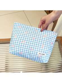1個客製化刺繡格紋蝴蝶結化妝包，大容量拉鍊收納袋，適合學生/上班族，日常收納/旅行整理組，支援獨家客製化，甜美風格化妝袋，清新春夏設計 - 彩色 - 查看 8