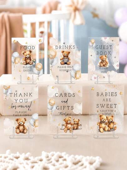 6pcs Brown Bear Theme Acrylic Tabletop Signs "Can't Wait" Watercolor Bear Design Signage With Stands, Neutral Party Decor For Food, Guestbook, Cards And Gifts, Boho Bear Theme, Suitable For Baby Shower Decoration, Cards And Gifts
