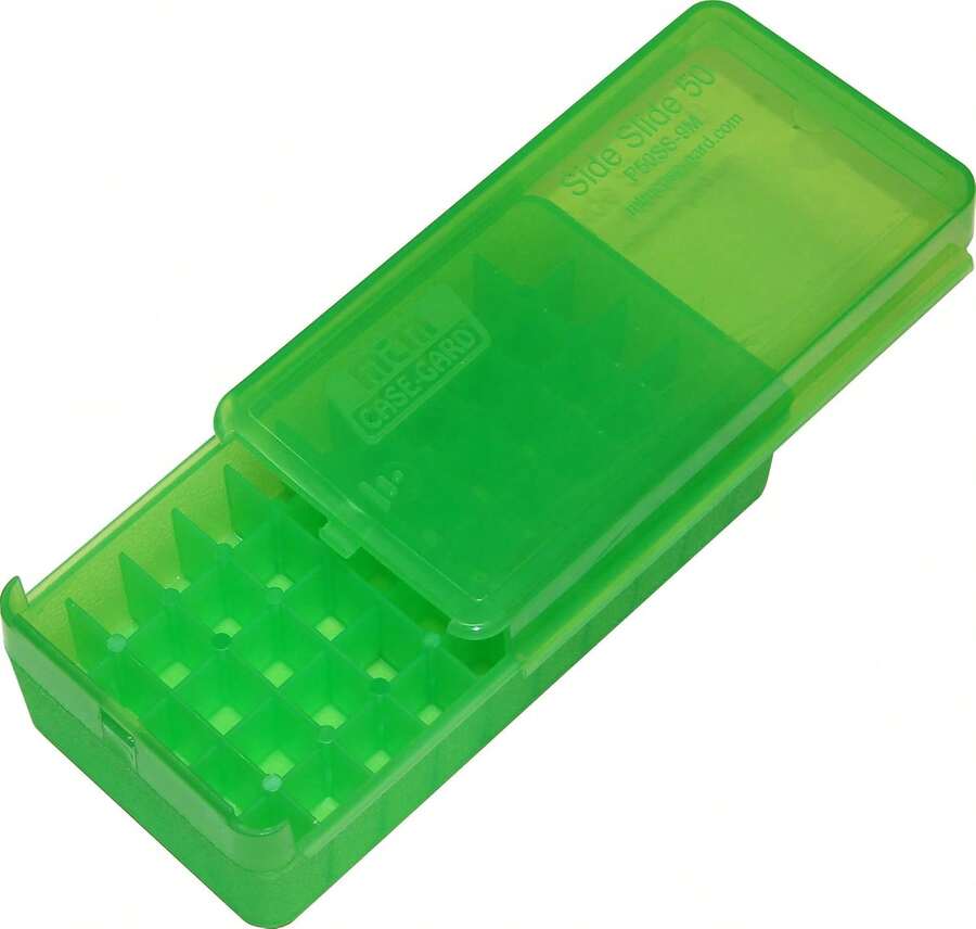 MTM Case-Gard P50SS-9M-16 Side Slide Ammo Box, 50 Round 9mm Luger 380 ACP 30 Luger 30 S Carry 32 S&Amp;W 9mm Makarov, USA Made, Clear Green - ColorB - View 1
