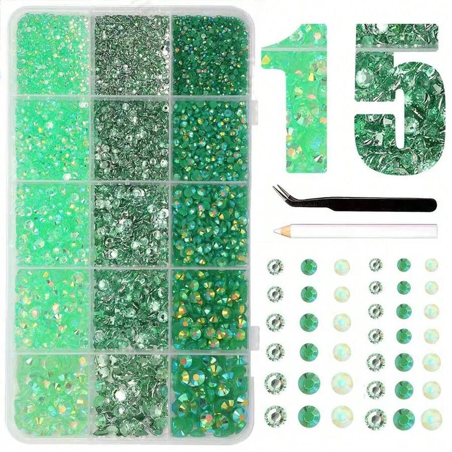 15格平底樹脂水鑽 2mm/3mm/4mm/5mm/6mm 綠色，含水鑽拾取筆與鑷子，適用於美甲DIY水鑽手工藝美甲飾品 - 綠色 - 查看 1