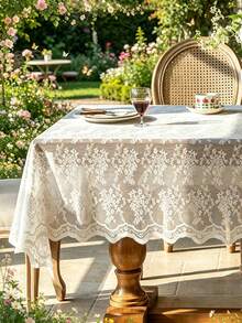 1pc Elegant White Lace Tablecloth With Floral Pattern - Polyester, Rectangular Design, Suitable For Weddings, Parties, Home Decor, Event Table Decoration | Floral Lace Design | Exquisite Lace Craftsmanship - Milk White - View 1