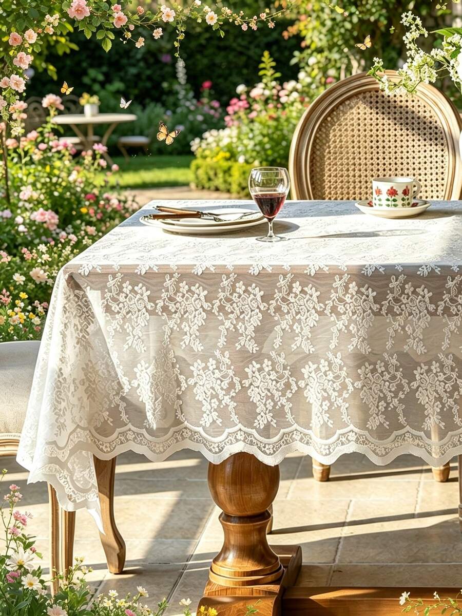 1pc Elegant White Lace Tablecloth With Floral Pattern - Polyester, Rectangular Design, Suitable For Weddings, Parties, Home Decor, Event Table Decoration | Floral Lace Design | Exquisite Lace Craftsmanship - Milk White - View 1