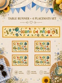 1pc-Back To School Table Runner And Placemats Set, Yellow Alphabet School Supplies Print Dining Decor, Farmhouse Kitchen Table Mats For Fall Classroom Party Home Decoration - Multicolor - View 10