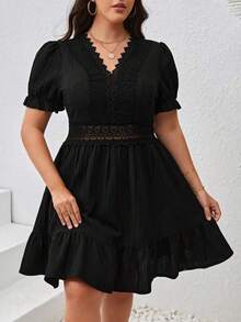 LunaCass8  VCAY Vestido De Verano Plus Con Encaje De Guipur, Inserción De Encaje En El Dobladillo Con Volantes - Negro01 - Ver 7