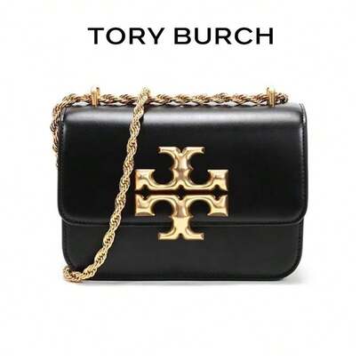 TORY BURCH Eleanor 3D黃銅Logo雙Logo可調節金屬鏈條肩帶皮革小方肩背斜挎包 女款黑色 73589-001