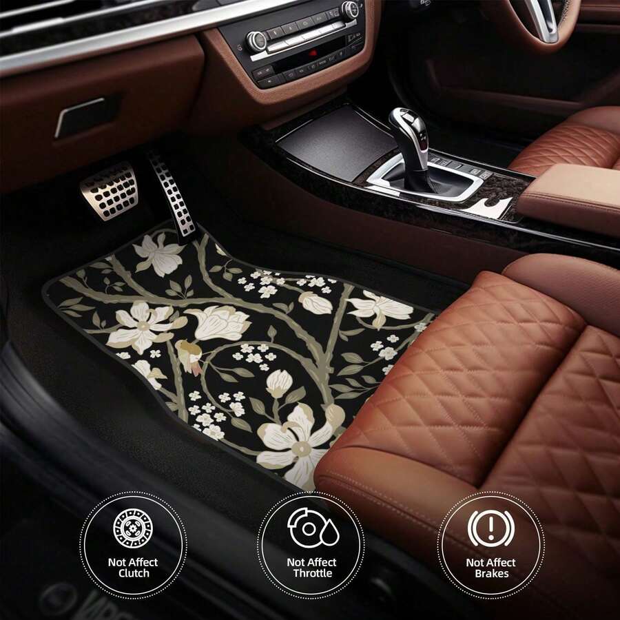 Set Of 4 Car Floor Mats Featuring A Floral Bird Design - Fashionable And Long-Lasting, Resistant To Stains, Slip-Proof, Easy To Clean, Suitable For All Vehicles, Including Front And Rear Seats, Providing Protection Against Dirt And Dust For Both Wom - 黑色的 - 查看 1