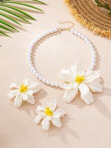 3pcs/Set Fashion Bohemian Style Acrylic Pearl Flower Pendant Necklace And Earrings Set, Suitable For Women's Summer Vacation Wear - White - View 5