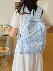 3pcs Nylon Bow & Heart Print Backpack Set, Foldable Multi-Pocket Large Capacity Zipper Backpack, Suitable For Teenagers And High School Students - Blue - View 5