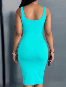 Elegant Sleeveless Fitted Dress With Letter Print Pattern, Suitable For Spring And Summer Wear - Blue - View 4