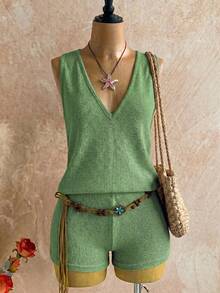 Bộ 2 món dệt kim đi biển cho nữ - màu xanh lá, áo tank top cổ chữ V, quần short dệt kim, dáng rộng mùa hè - màu xanh lá - Xem 7
