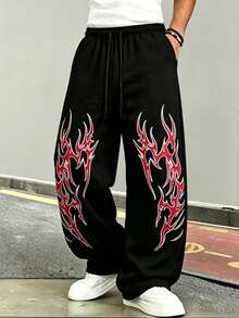 Men's Casual Loose Straight Leg Printed Sweatpants, Spring/Summer - Black - View 1
