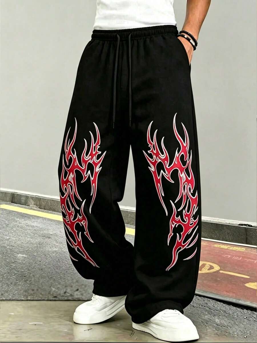 Men's Casual Loose Straight Leg Printed Sweatpants, Spring/Summer - Black - View 1