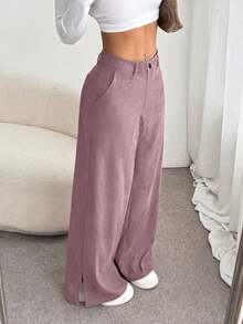 Unity Pantalones largos rectos y sueltos con abertura lateral de pana de moda casual para mujer, para otoño/invierno - Rosa Pálido - Ver 1