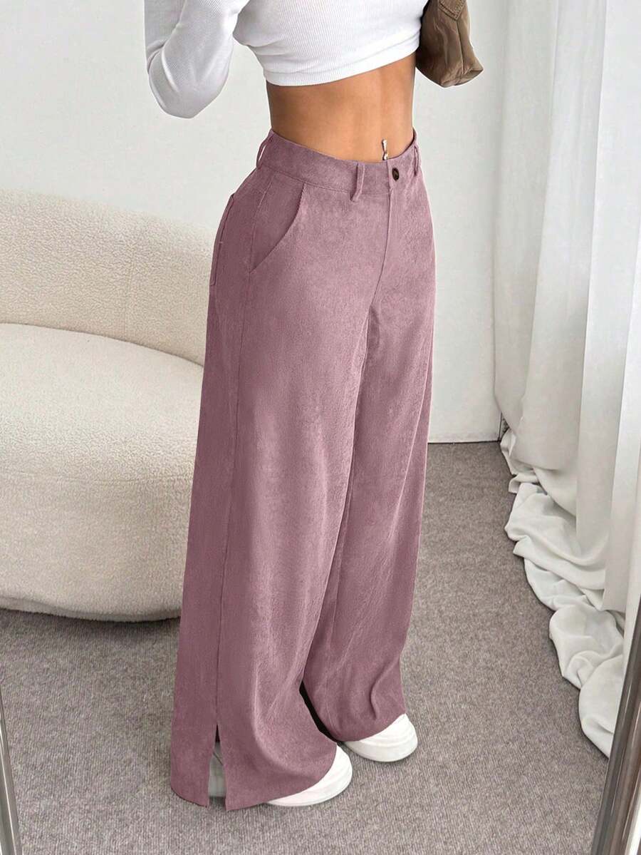 Unity Pantalones largos rectos y sueltos con abertura lateral de pana de moda casual para mujer, para otoño/invierno - Rosa Pálido - Ver 1
