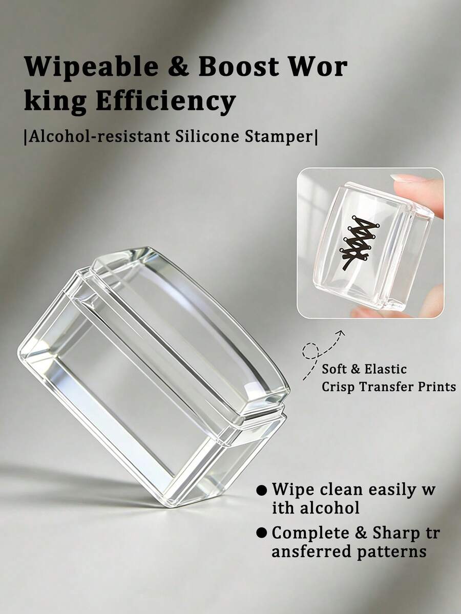 Square Transparent Silicone Nail Stamp Set, High Transparency, Alcohol-Wipeable, Suitable For Large Steel Plates. Includes A Rectangular Gel Nail Stamp, A Scraper, And A Replacement Silicone Stamp Head. - Clear - View 1