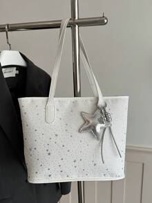 1 pièce Sac à épaule de mode pour femme avec imprimé étoile, sac fourre-tout portable polyvalent de grande capacité, convient pour les rendez-vous, les achats, les sorties, les voyages, livré avec un pendentif exquis - Blanc - Voir 6