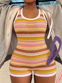 LovelyWholesale Tuta aderente da donna casual con scollo rotondo, trasparente, a righe colorate, abbigliamento estivo - Multicolore - Visualizzare 2