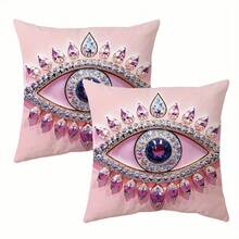 2pcs Bohemian Evil Eye Pattern Single-Sided Printed Pillow Covers, Soft And Comfortable Polyester Fiber Cushion Covers, Size 45x45cm(17.72x17.72 Inches), Zipper Closure, Machine Washable, Suitable For Home And Outdoor Decoration (Pillow Covers Only, Insert Not Included) - Multicolor - View 3