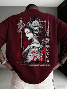日系暗黑美學印花夏季男款黑色圓領短袖T恤 - 酒紅色 - 查看 2