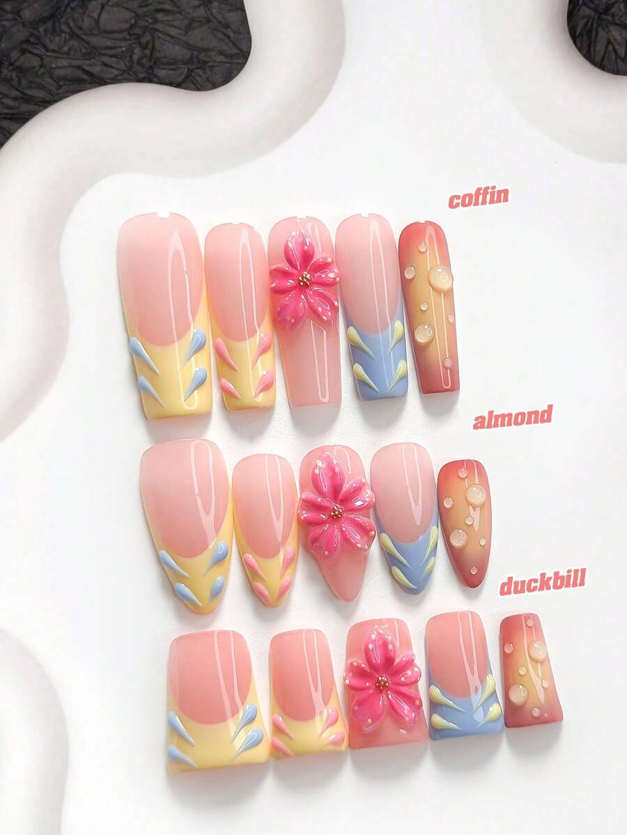 10pcs/Set Sweet Floral Handmade Press-On Nails, Polymer Nail Tips, 5-Petal Flower Design, Yellow & Blue Color Scheme, Summer Fresh Style, Includes Manicure Tools, 3 Sizes Available, Almond, Duck, Coffin Shape, Suitable For Party, Dance, Daily Wear - Multicolor - View 1