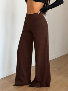 Women's Stretchy Thin Casual Pants, Versatile For Daily Wear, Commuting, Office, And Leisure Sports, Elastic Waist, Pockets, Wide Leg, Flattering Leg Shape, Suitable For Spring/Summer - Brown - View 7