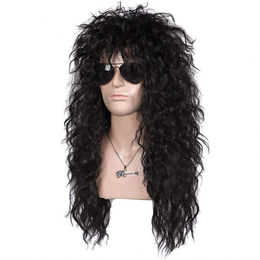 80s Disco Cyberpunk Rock Long Curly Hair Halloween - Black - View 1