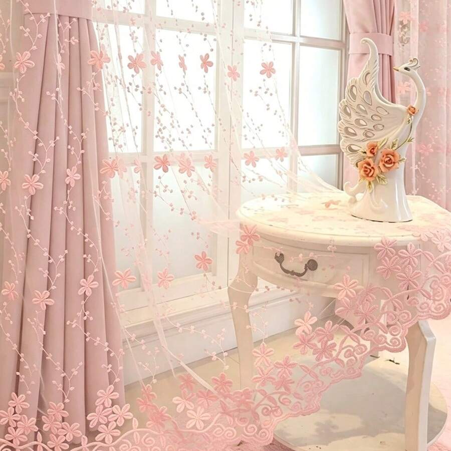1件裝 穿桿式田園風刺繡透視窗簾,精緻碎花圖案,牛奶絲面料,適用於客廳、廚房、浴室 - 粉色 - 查看 1