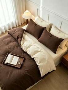 Blue And White Color Block Washed All Skin-Friendly Duvet Cover 3 Pieces Set - Coffee Brown - View 4