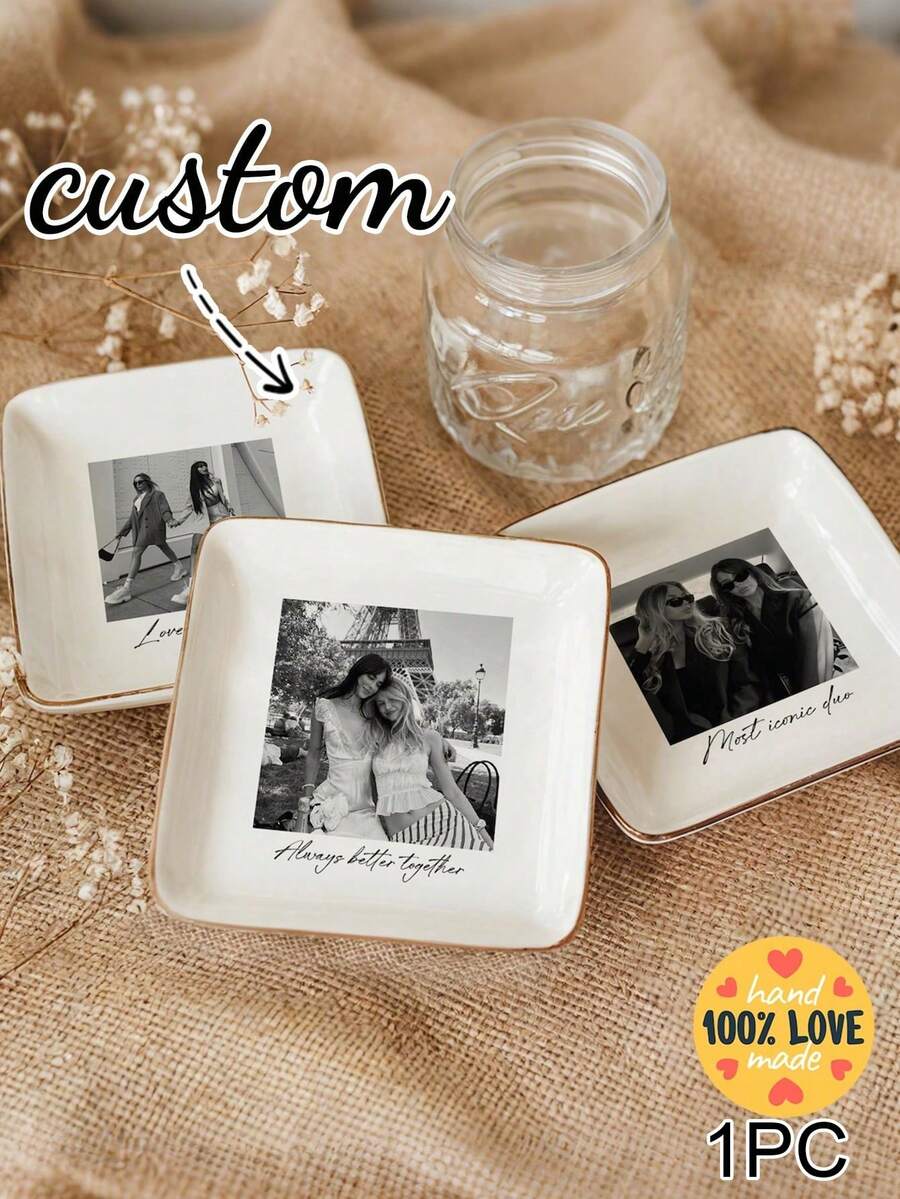 1pc Customized Jewelry Tray, Ceramic Ring Dish, Jewelry Display Dish, Customized Best Friend Photo Jewelry Tray, Customizable Photo And Personalized Text, Suitable For Displaying Rings, Necklaces And Various Jewelry, Exquisite And Fashionable, High Quality, Unique Gift For Her, Him, Sister, Best Friend Or Mother