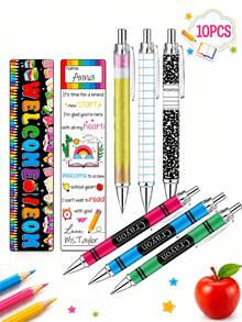 12pcs-Thank You Back To School Gift, Rainbow Welcome Back To School Bookmarks And Glitter Ballpoint Pens, Colorful Reading Markers, Crayon Pencil Design Ballpoint Pens, Teacher Classroom Supplies, First Day Of School, Back To School, Reading Rewards, Student Stationery, School Party Small Gifts - Multicolor - View 6