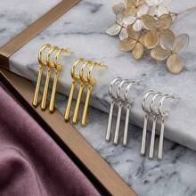 1 Pair 3-Row Open Hoop Linear Drop Earrings French Style Shiny Gold Silver Plated Triple Bar Fringe Earrings Delicate Party Jewelry For Women - Tassel - View 9