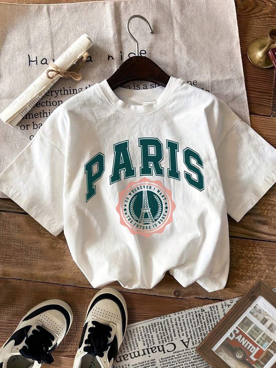 Camisetas de verano para mujer 100% algodón con estampado gráfico de París - Camiseta blanca de manga corta y cuello redondo con diseño de torre y "Te amo", tela - Blanco - Ver 1