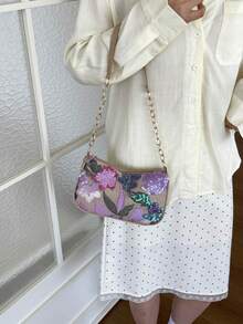 Mini Minimalist Chain Strap Solid Color Floral Pattern Shoulder Bag (Floral Position Randomly Varies) - Purple - View 3