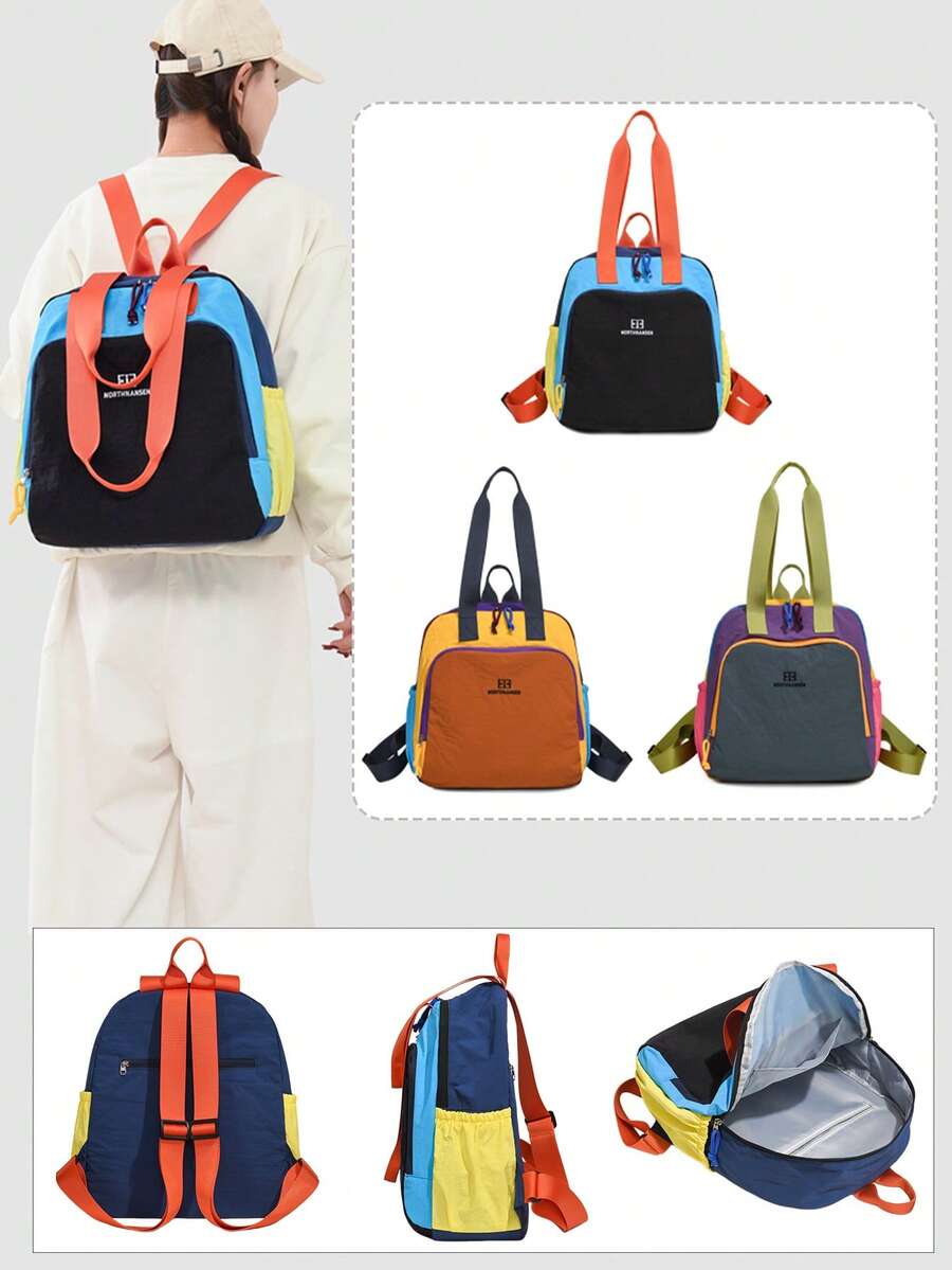 Convertible Color-Block Tote Backpack, Lightweight Water-Resistant Crinkle Nylon Multi-Purpose Casual Daypack For School, Commute, Outdoor Activities