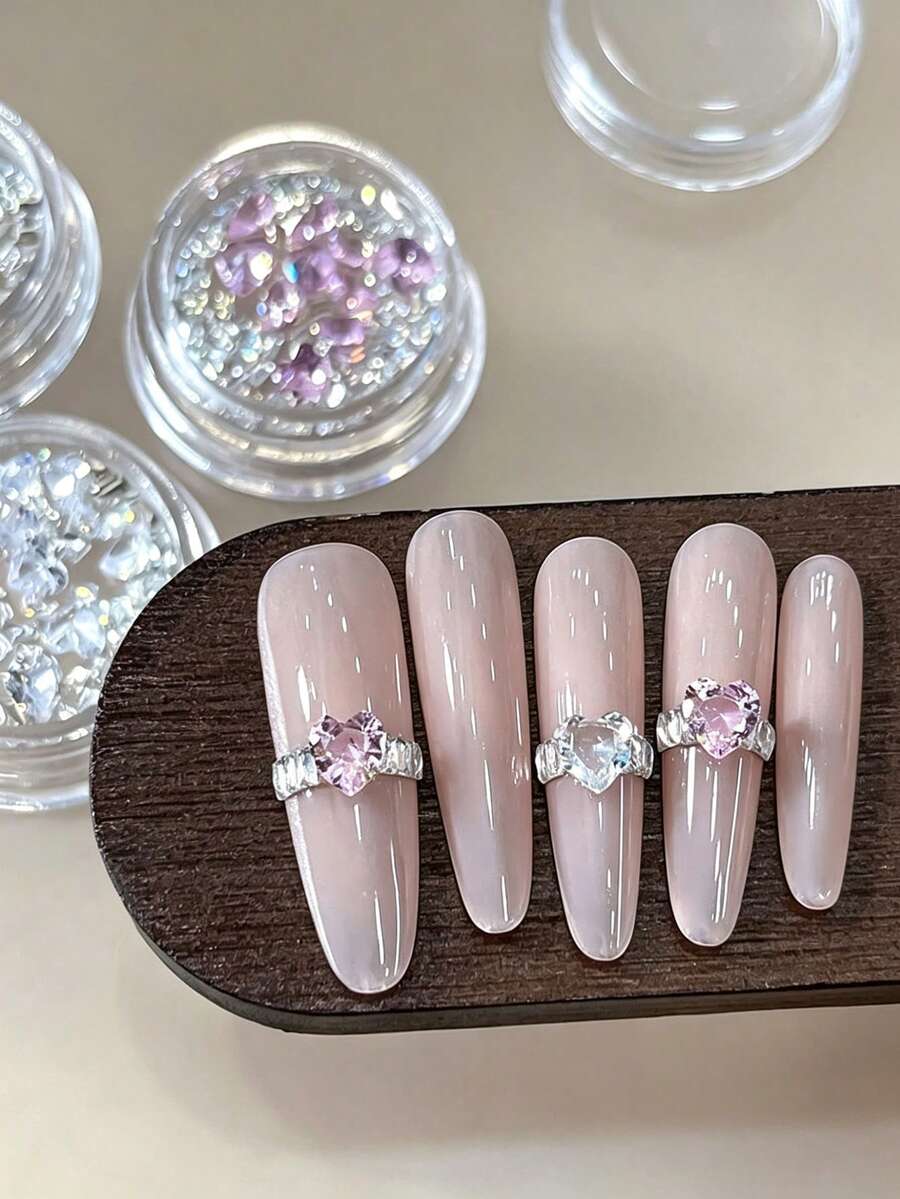 1 Box Sparkling Heart Rhinestone Ring Nail Art DIY Decor Kit, Luxury 3D Nail Accessories, Shiny Manicure Supplies Nail Charms - Multicolor - View 1