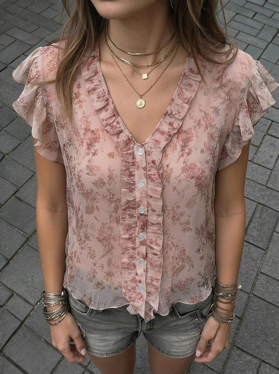 Buzzelle Women's Elegant Floral Print Sheer Short Sleeve V-Neck Blouse, Ruffle Trim Button Front Ruffle Sleeve Vacation Summer Casual - Multicolor - View 1