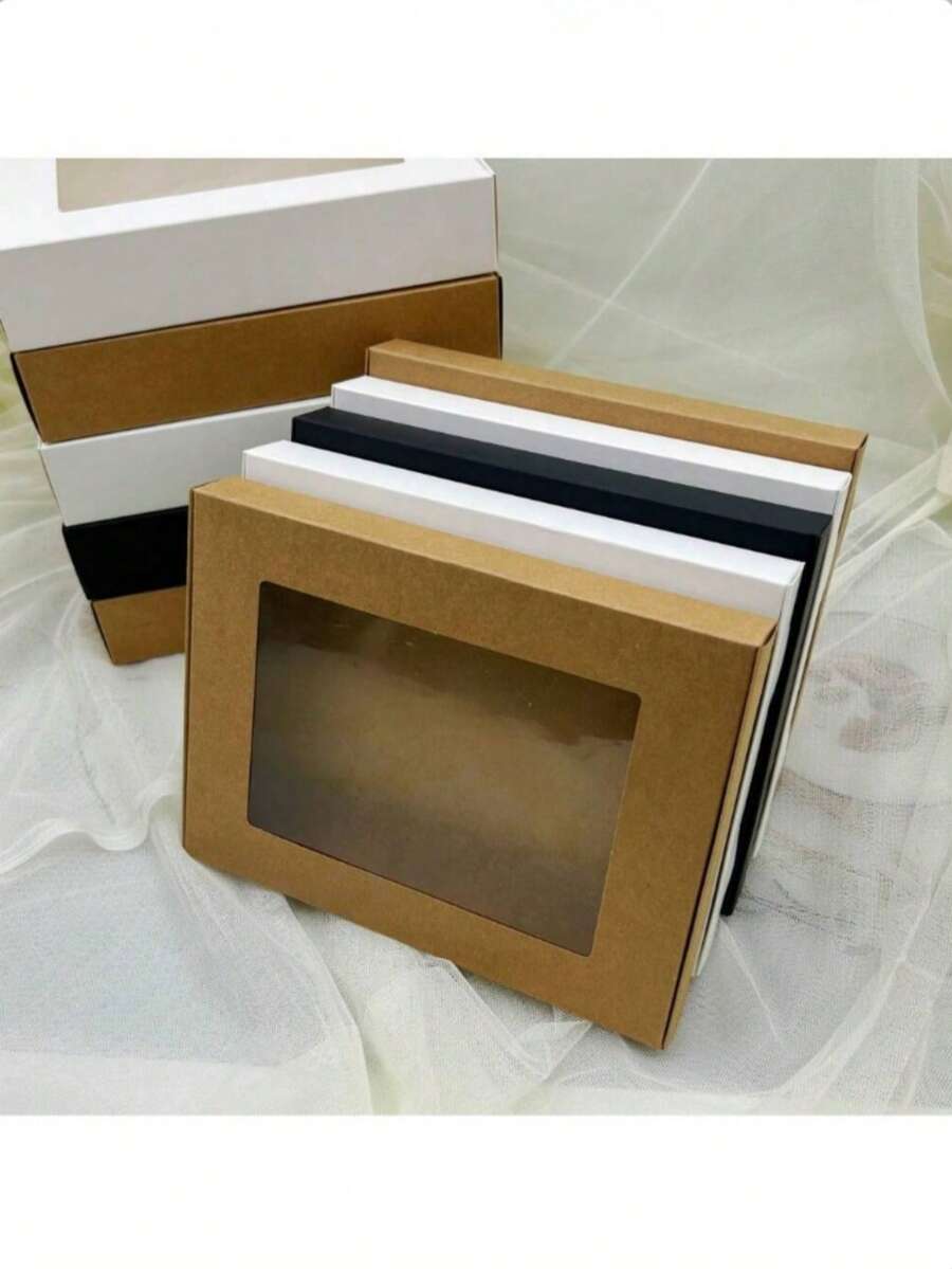 10pcs Kraft Paper White Cardboard Transparent PVC Window Display Gift Box, Towel Scarf Toy Packaging Box, Necklace Display Packaging Box (Size: 12*12*4) - 20x15x2.5cm/20x15x4cm Boxes - View 1